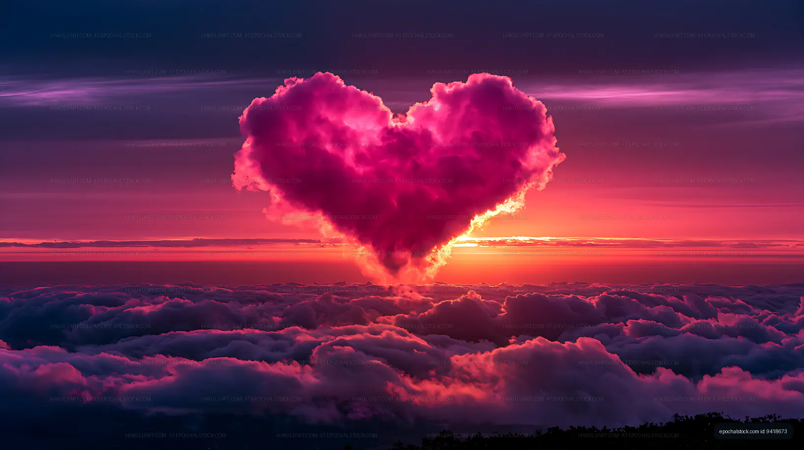 Heart-shaped cloud formation at colorful sunset