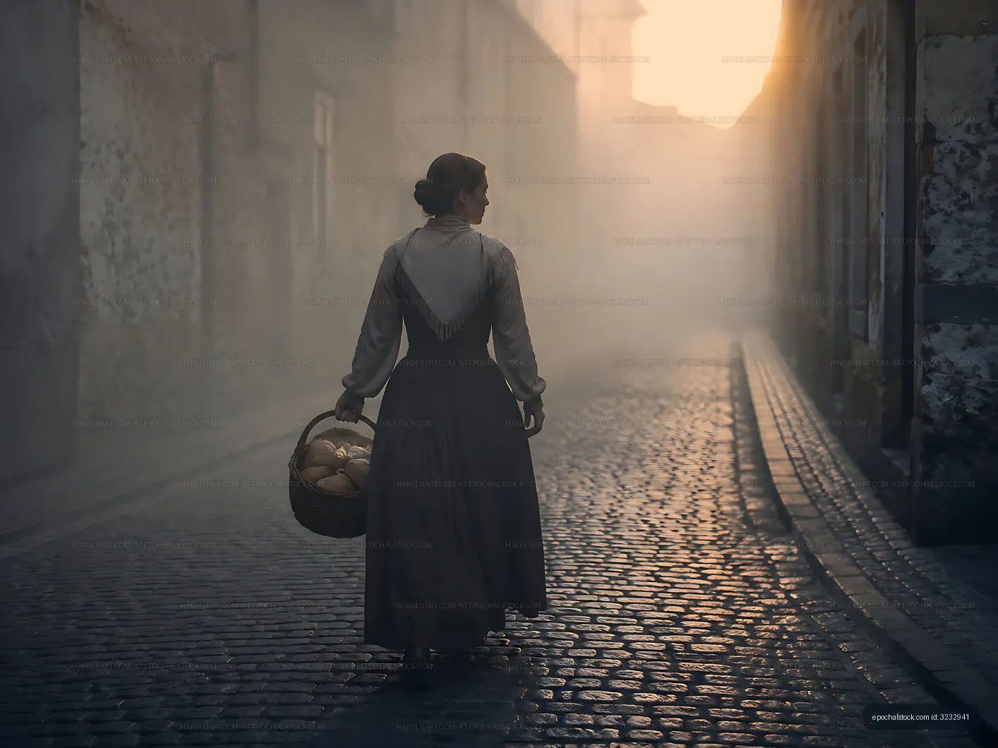 Woman walking down a cobblestone street with a woven basket