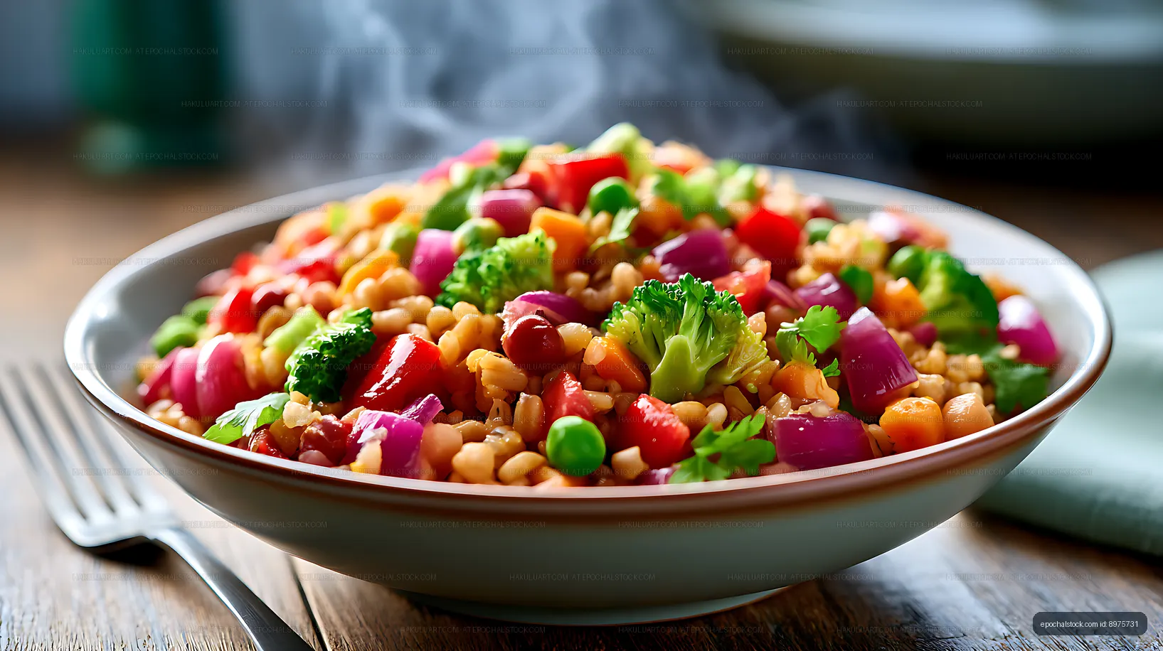 Colorful vegetable salad with grains and chickpeas