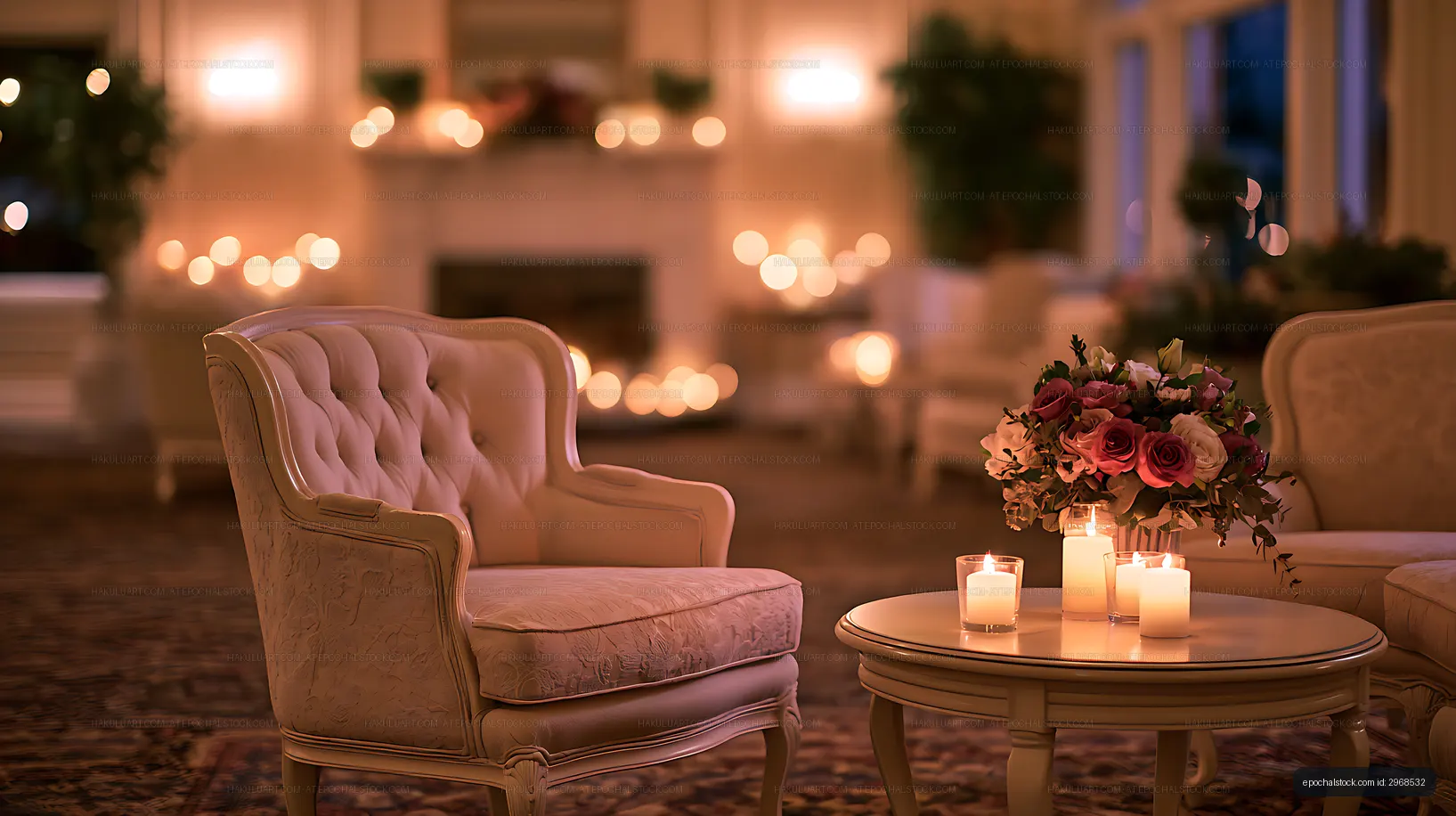 Cozy interior with candles, roses, and upholstered seating