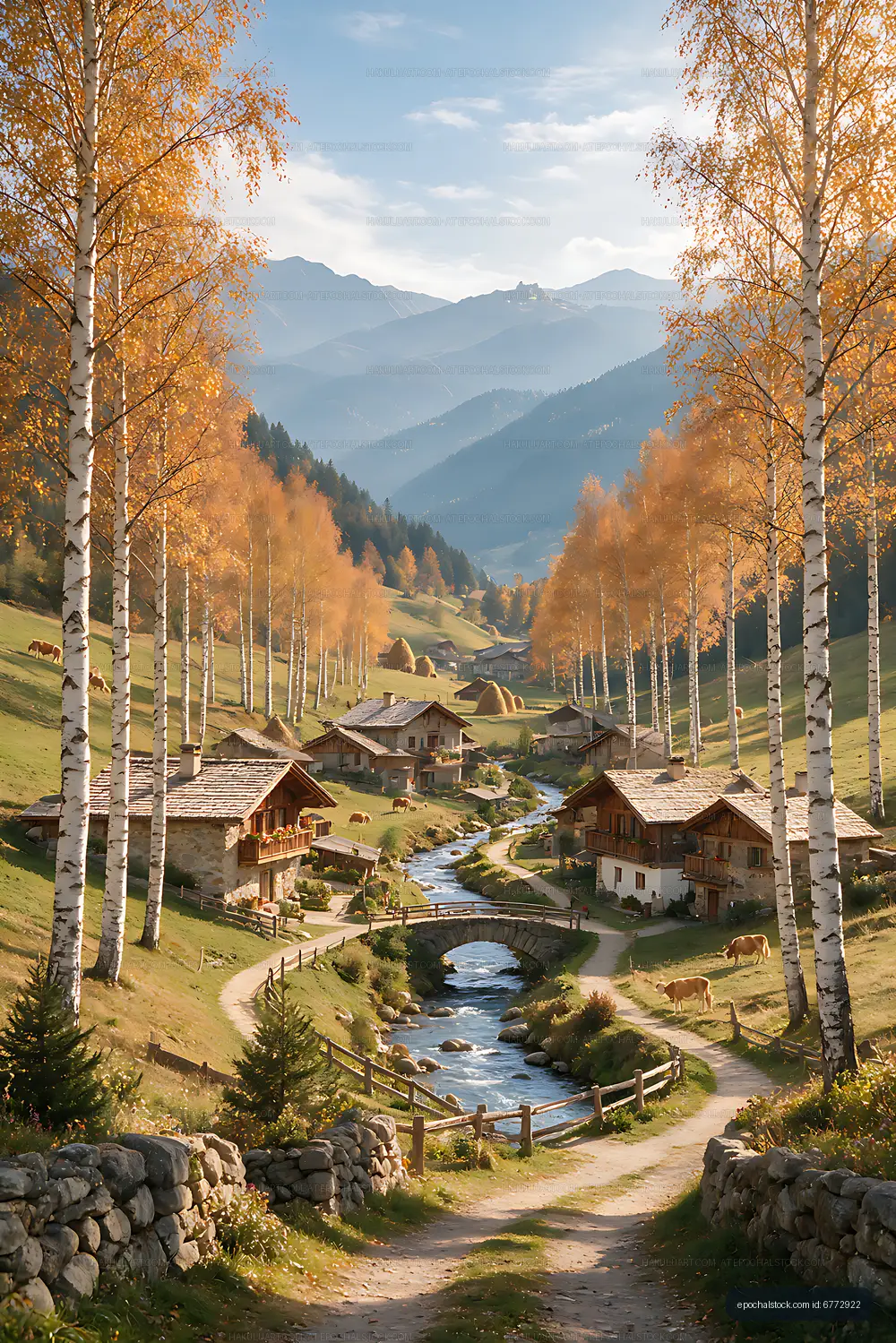 Autumn birch landscape with village and mountain view