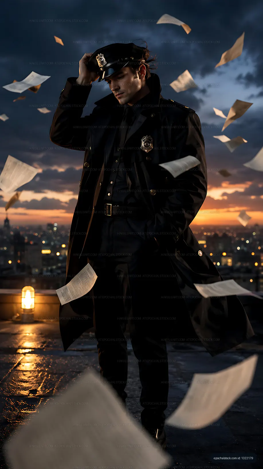 Police officer standing on a rooftop with flying papers at sunset
