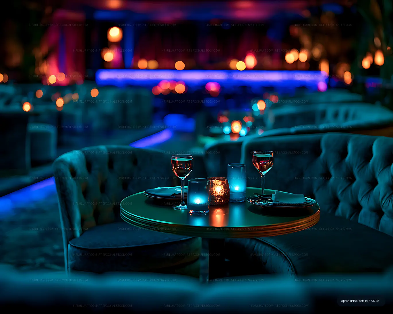 Colorful lounge interior with wine glasses and candlelight