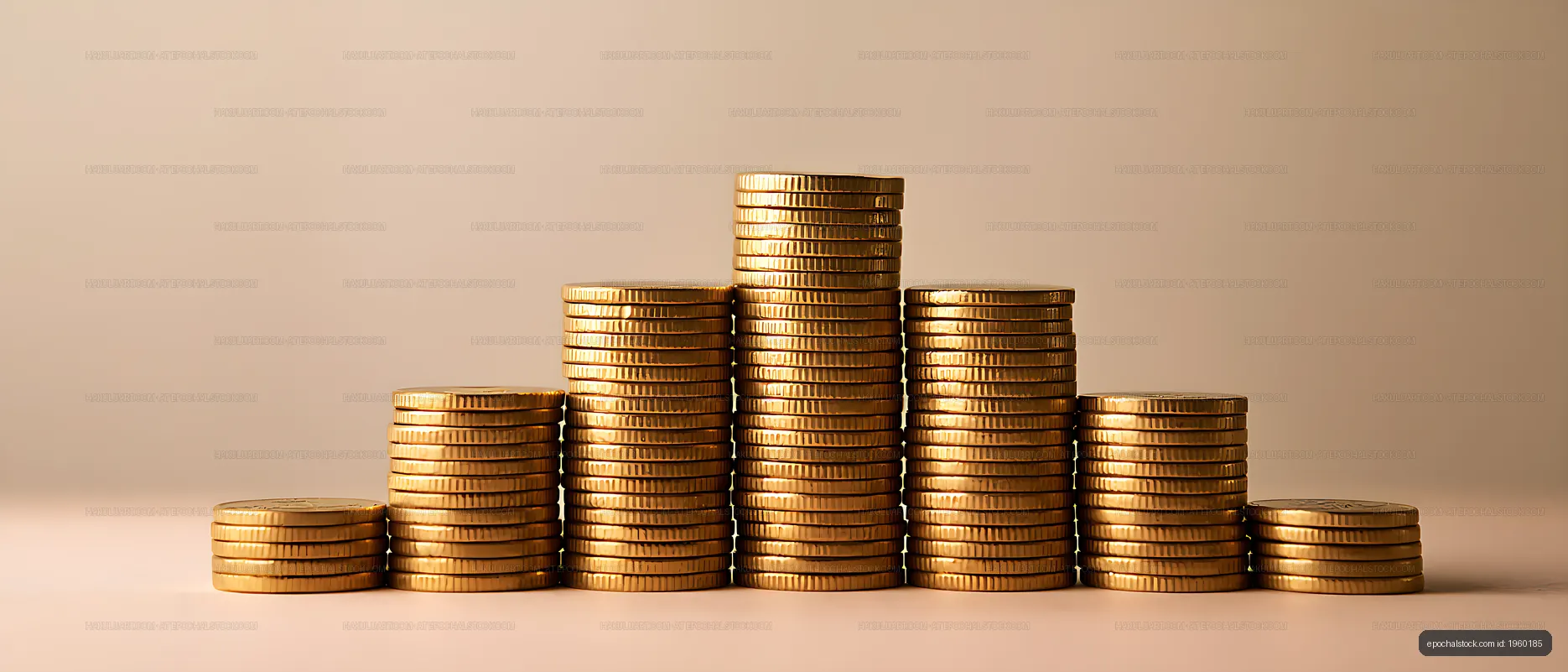 Seven gold coin stacks with tallest stack in the center