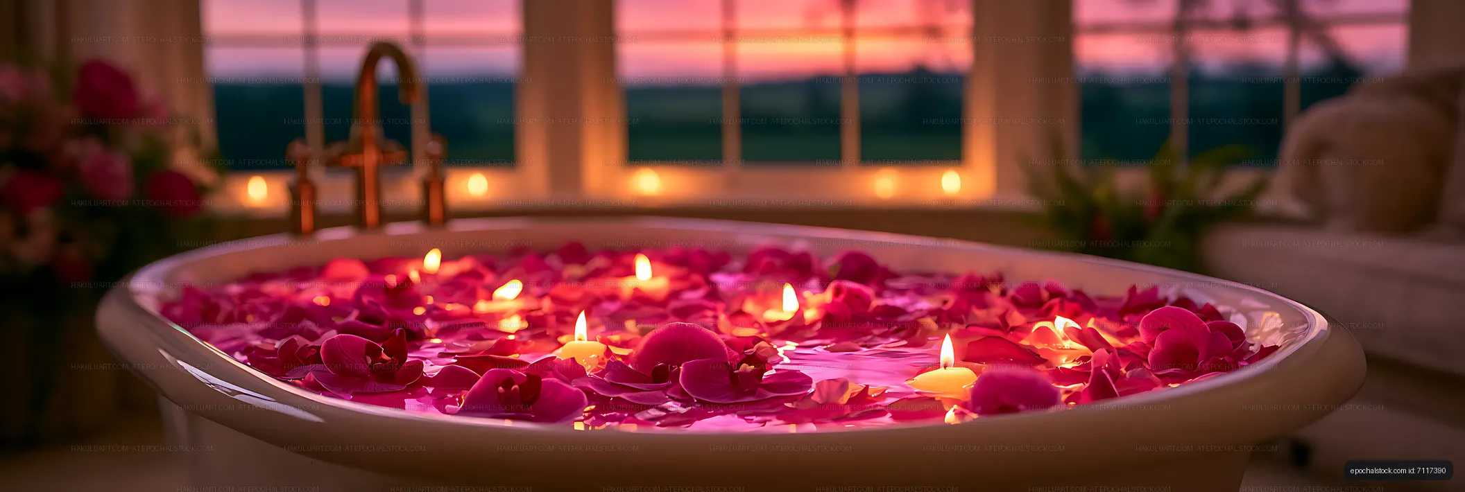 Pink flower petals and candles floating in a bathtub