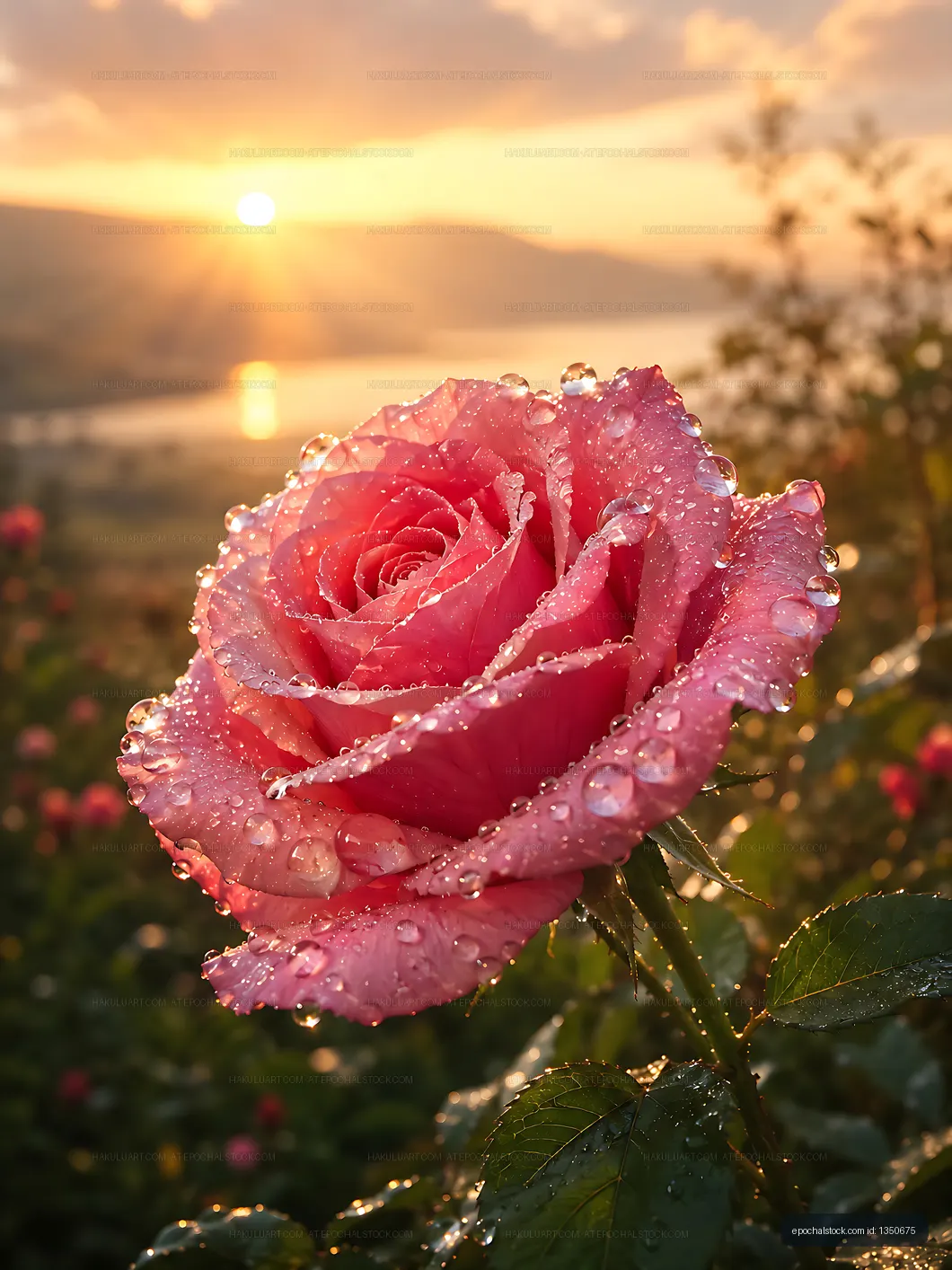 Sunset over a pink rose with water droplets in a garden