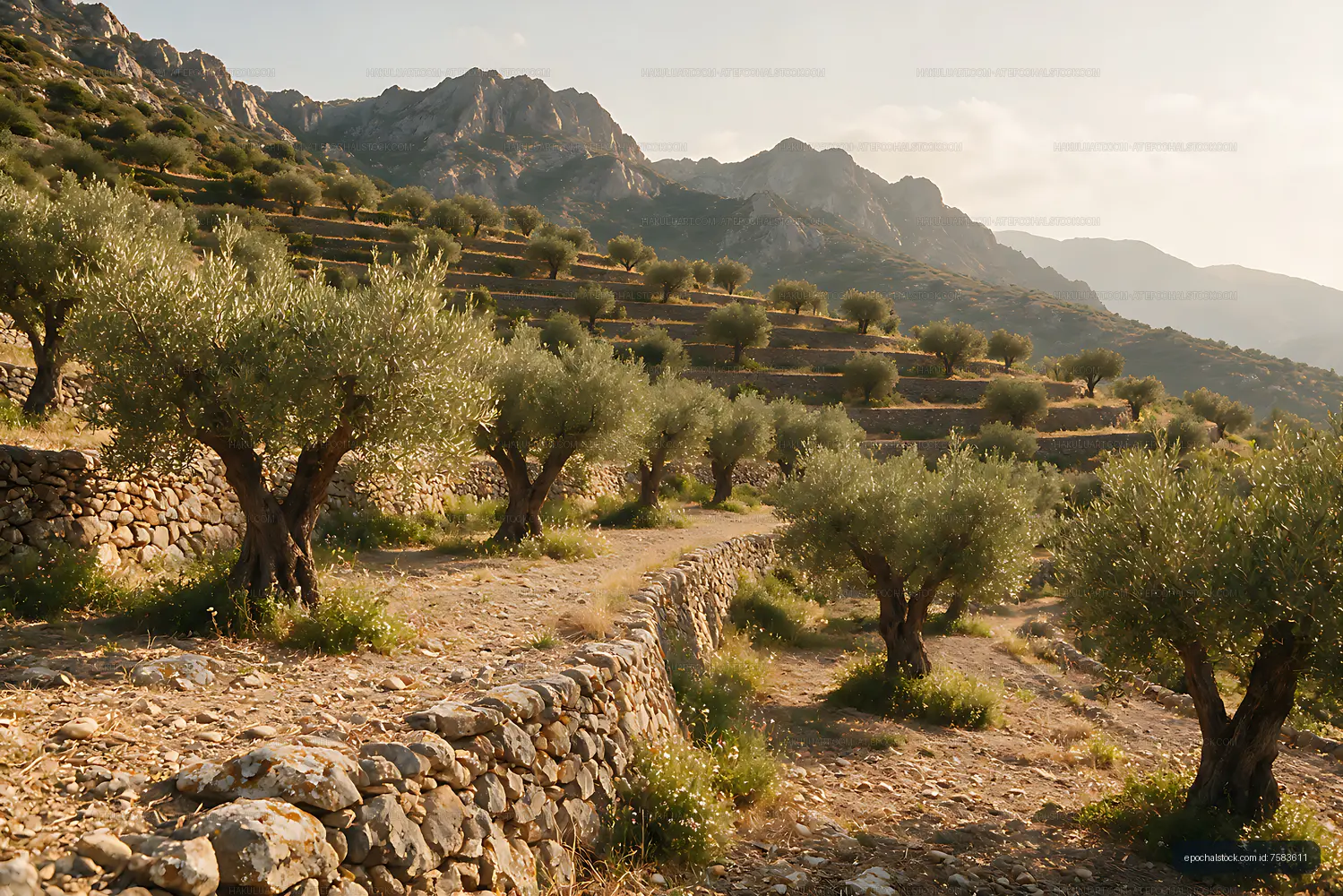 Mountain terraces with olive trees and stone walls