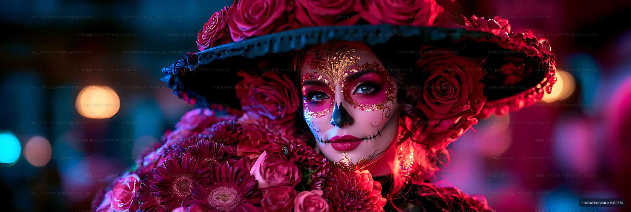 Close-up woman wearing a floral hat and skull-inspired makeup