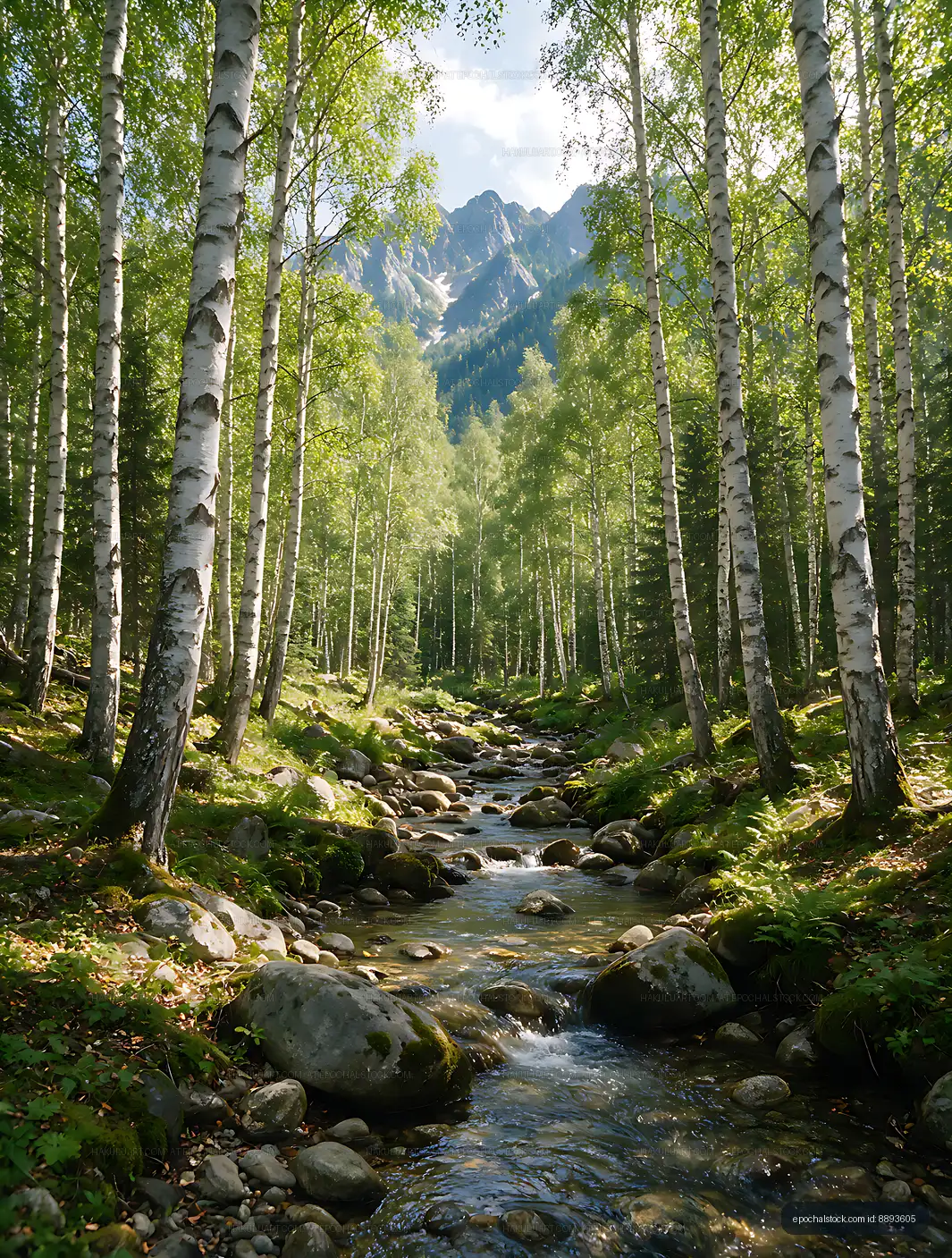 Rocky creek through birch forest with mountain view
