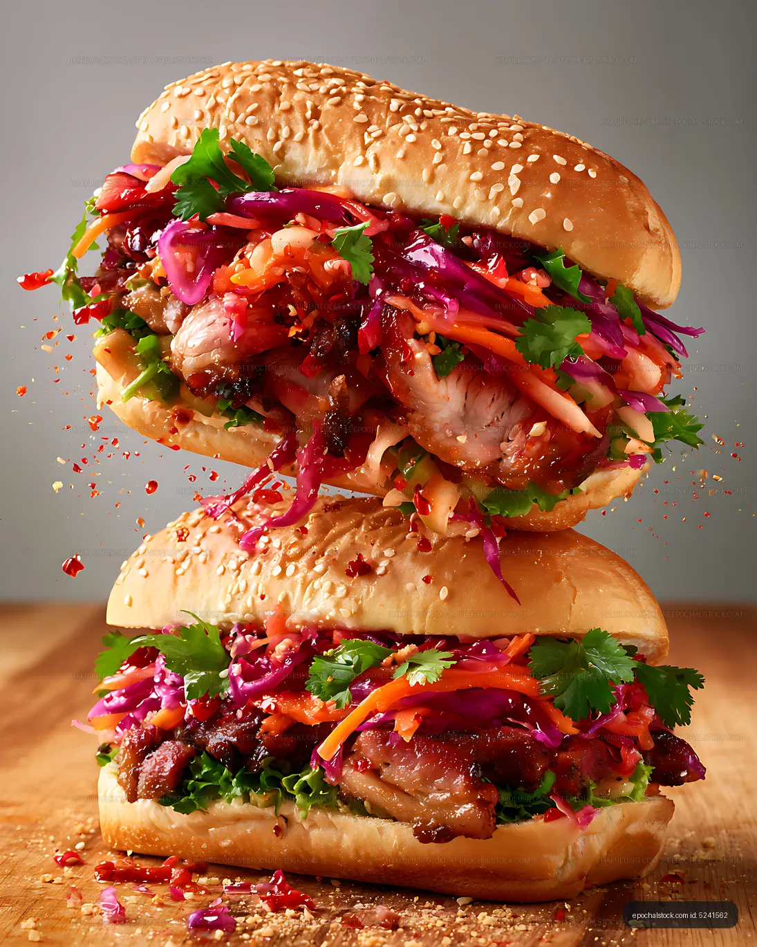 Colorful stacked sandwiches with sesame buns and glazed filling