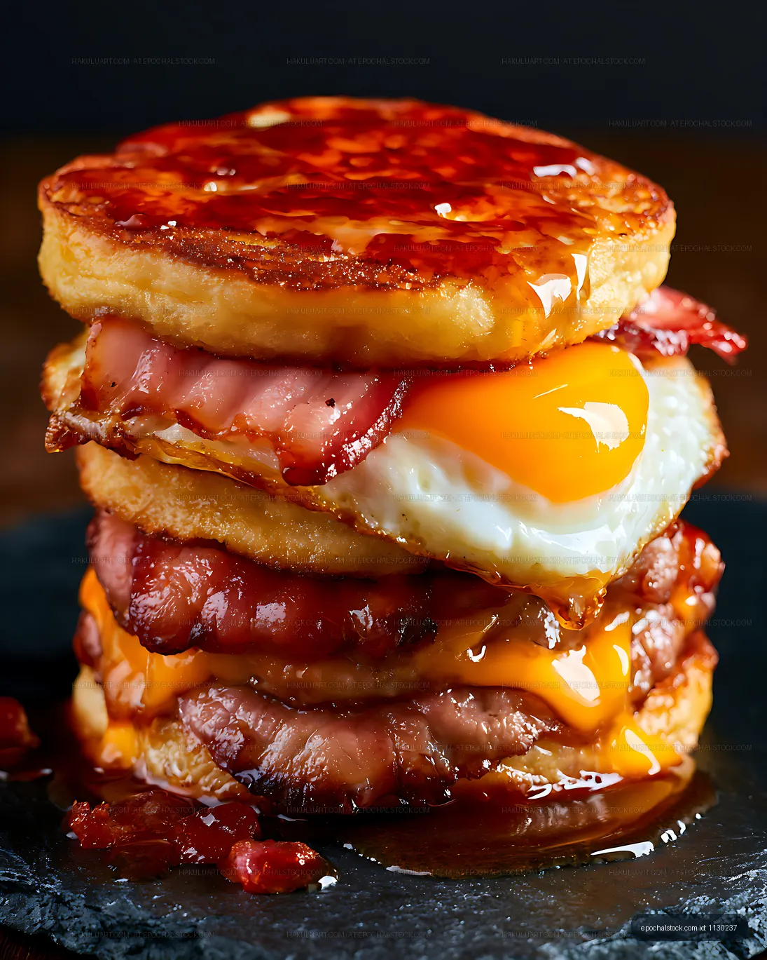 Dramatic breakfast sandwich with egg, bacon, and melted cheese