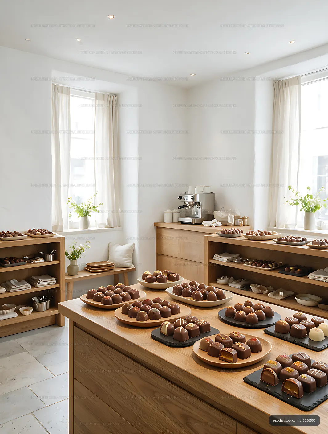 Chocolate pralines displayed in a bright Swiss shop interior