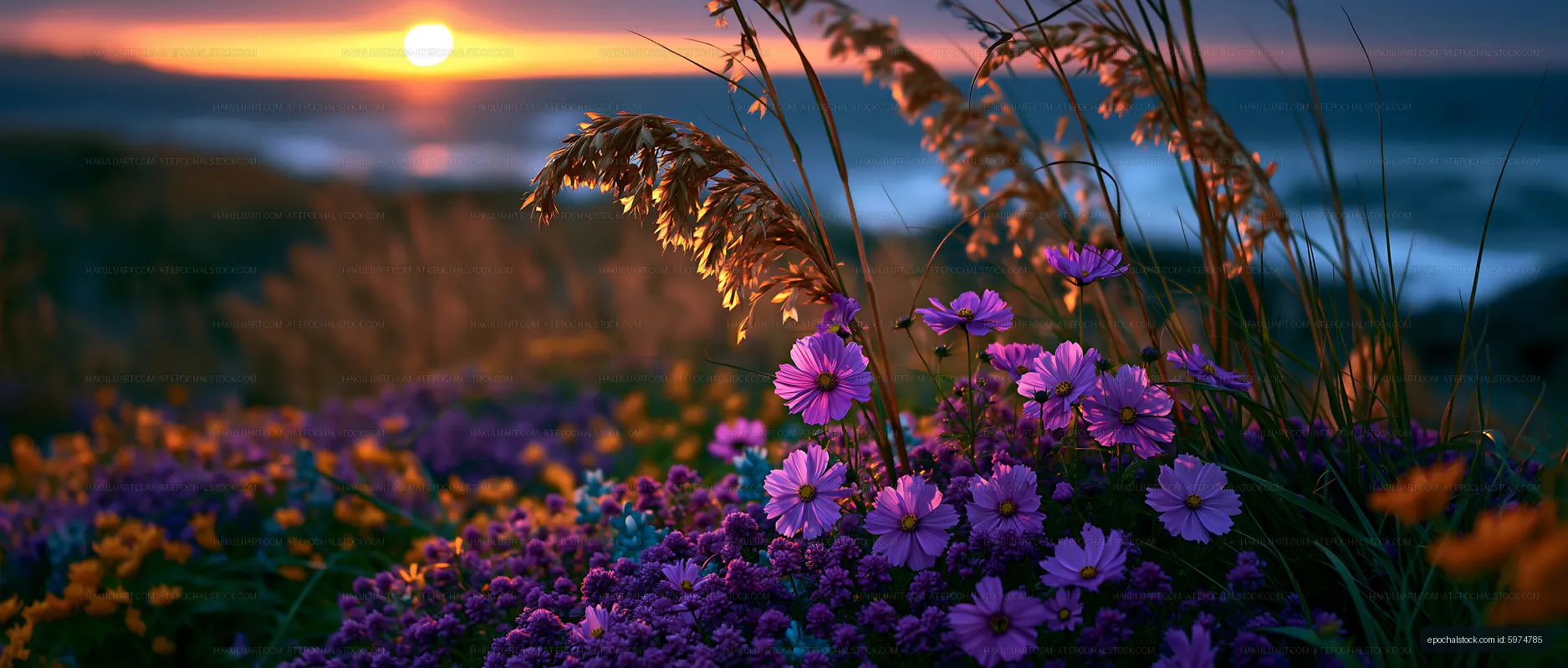 Sunset view over flowers with ocean in the background