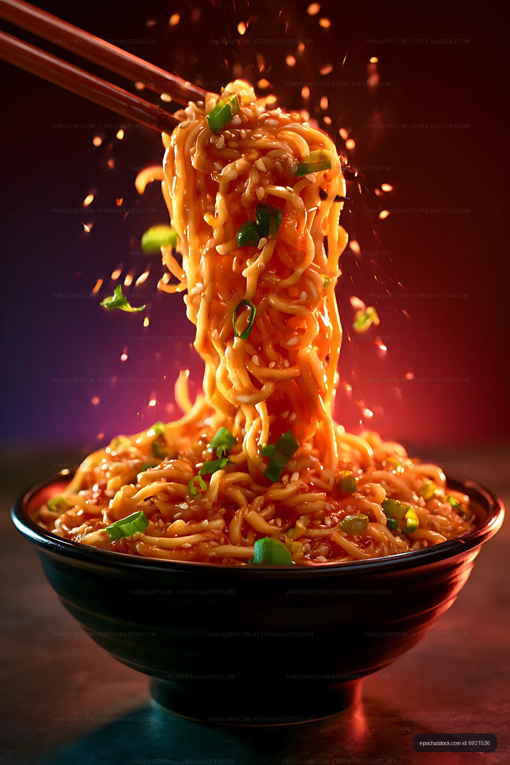 Dramatic close-up of noodles lifted from a bowl