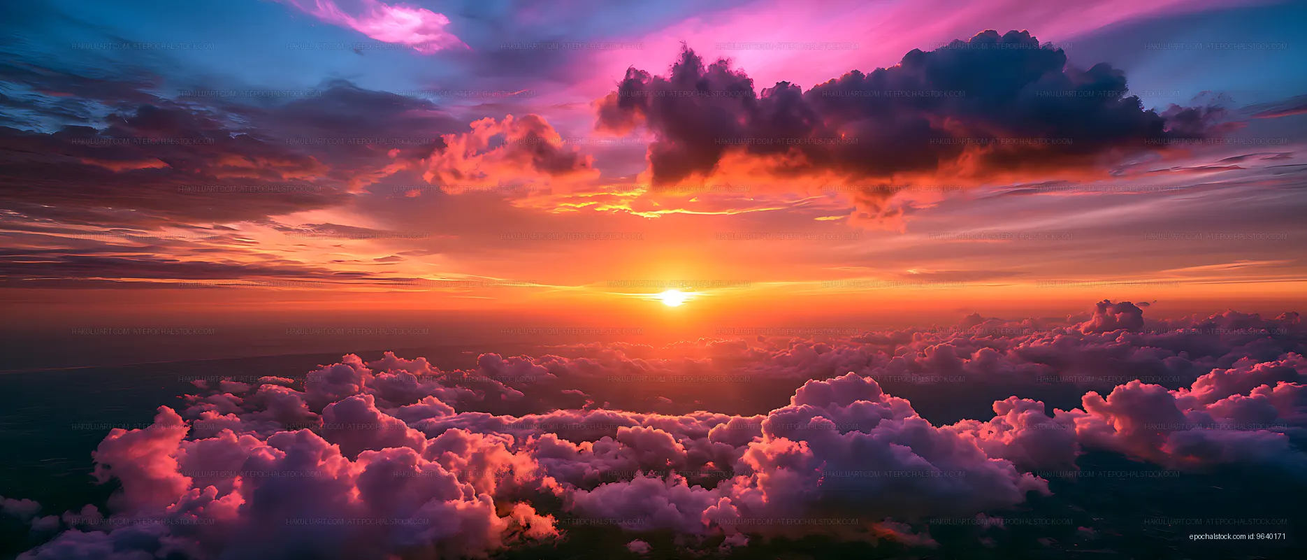 Vivid sun setting over illuminated clouds
