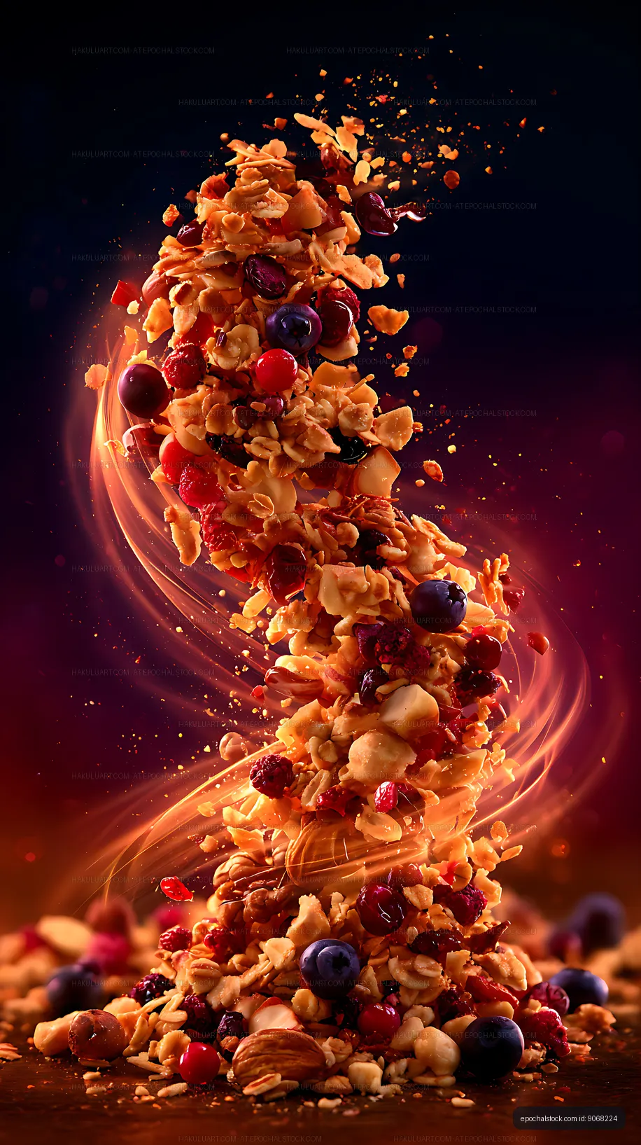 Granola tower with berries, nuts, and flying crumbs