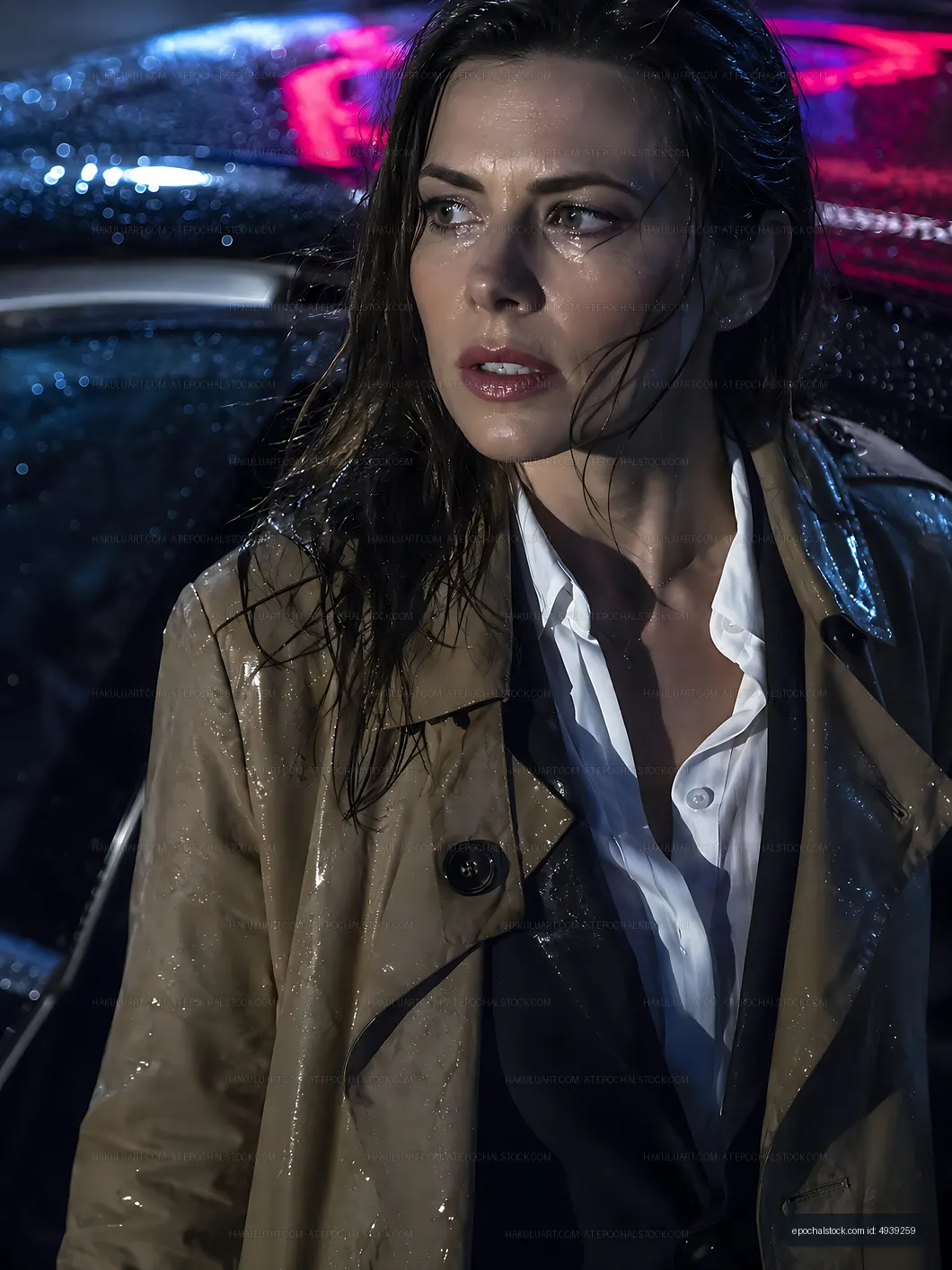 Woman in a trench coat standing in the rain near a car