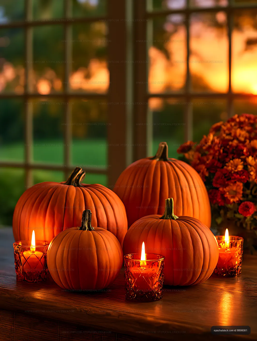 Four pumpkins with candles and fall flowers at sunset