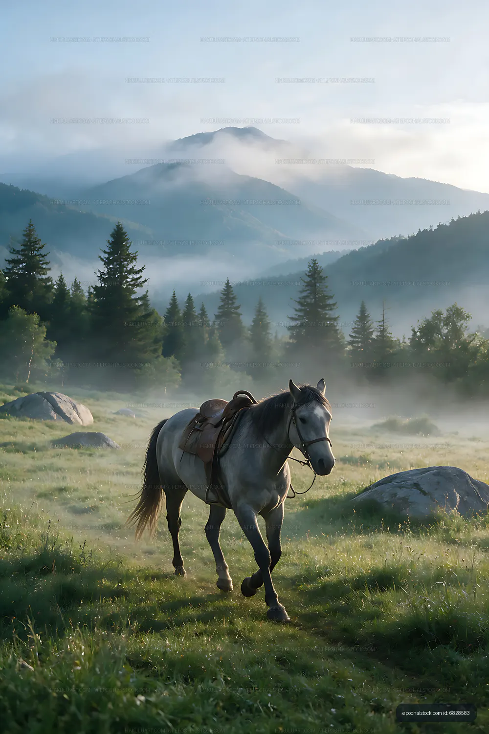 Horse in mountain meadow with misty peaks