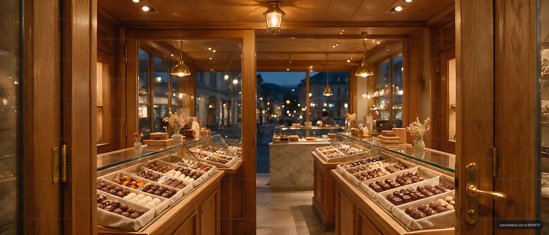 Chocolate store interior with illuminated glass cases