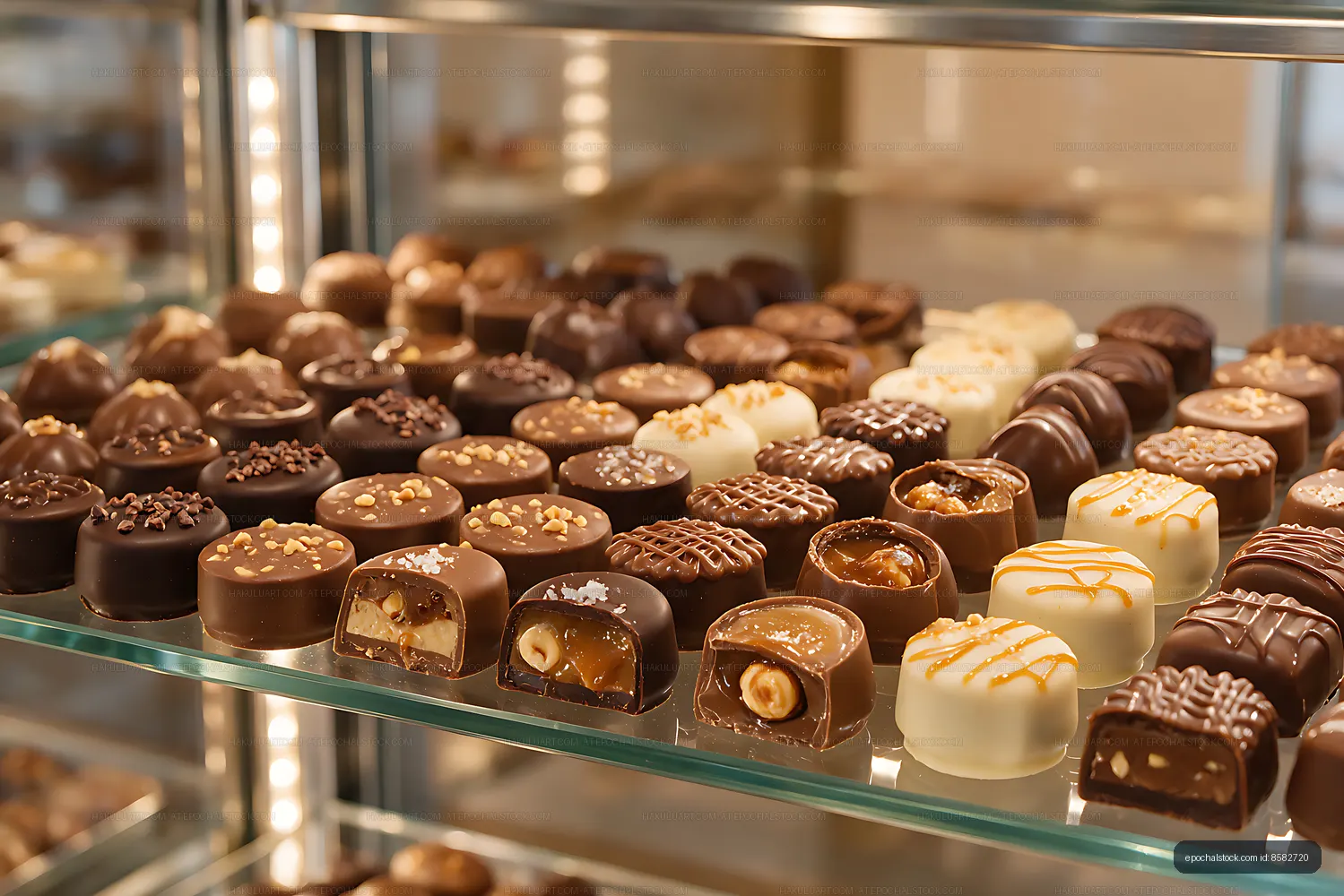 Chocolate pralines arranged in a glass display case