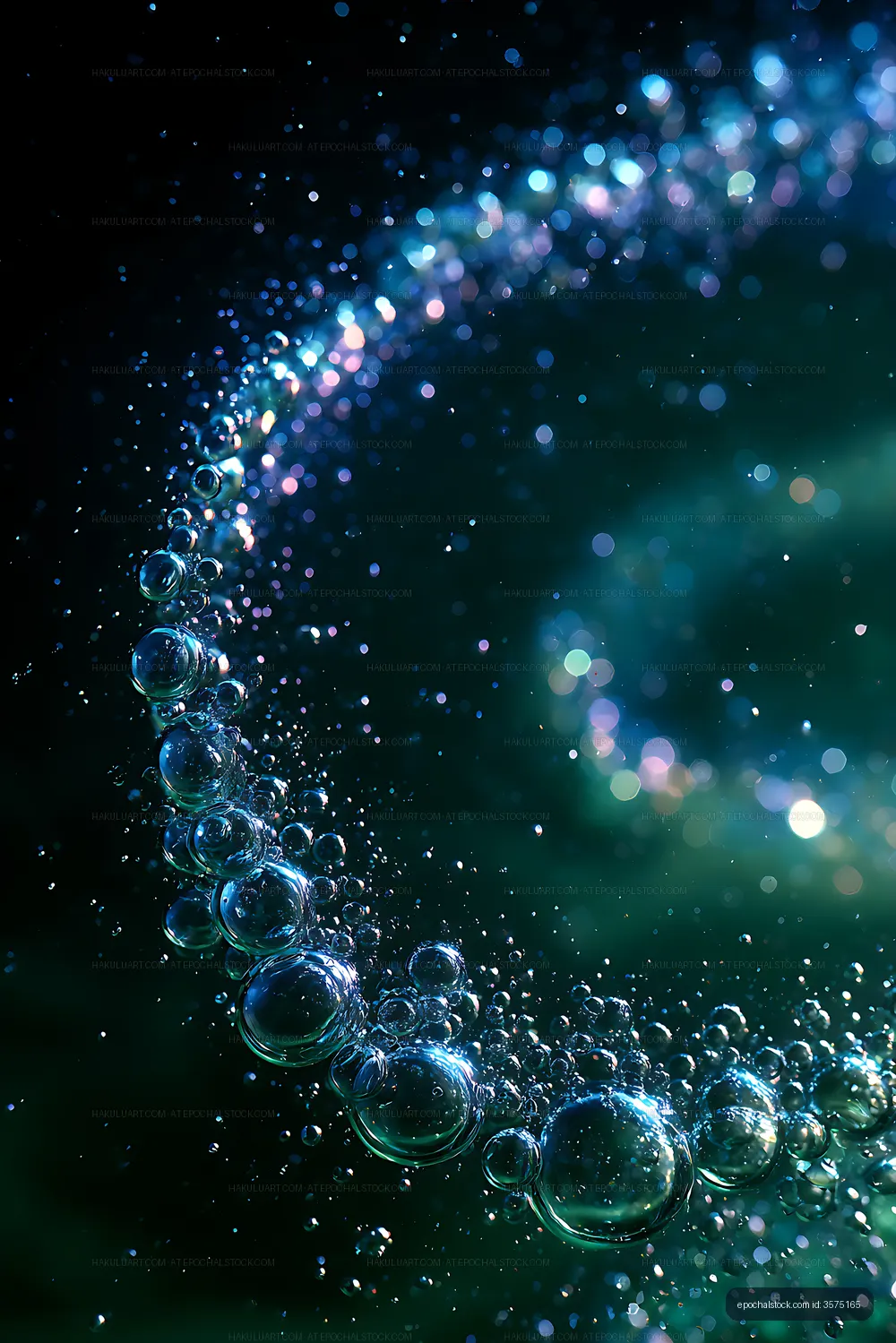Abstract underwater bubble trail with blue bokeh