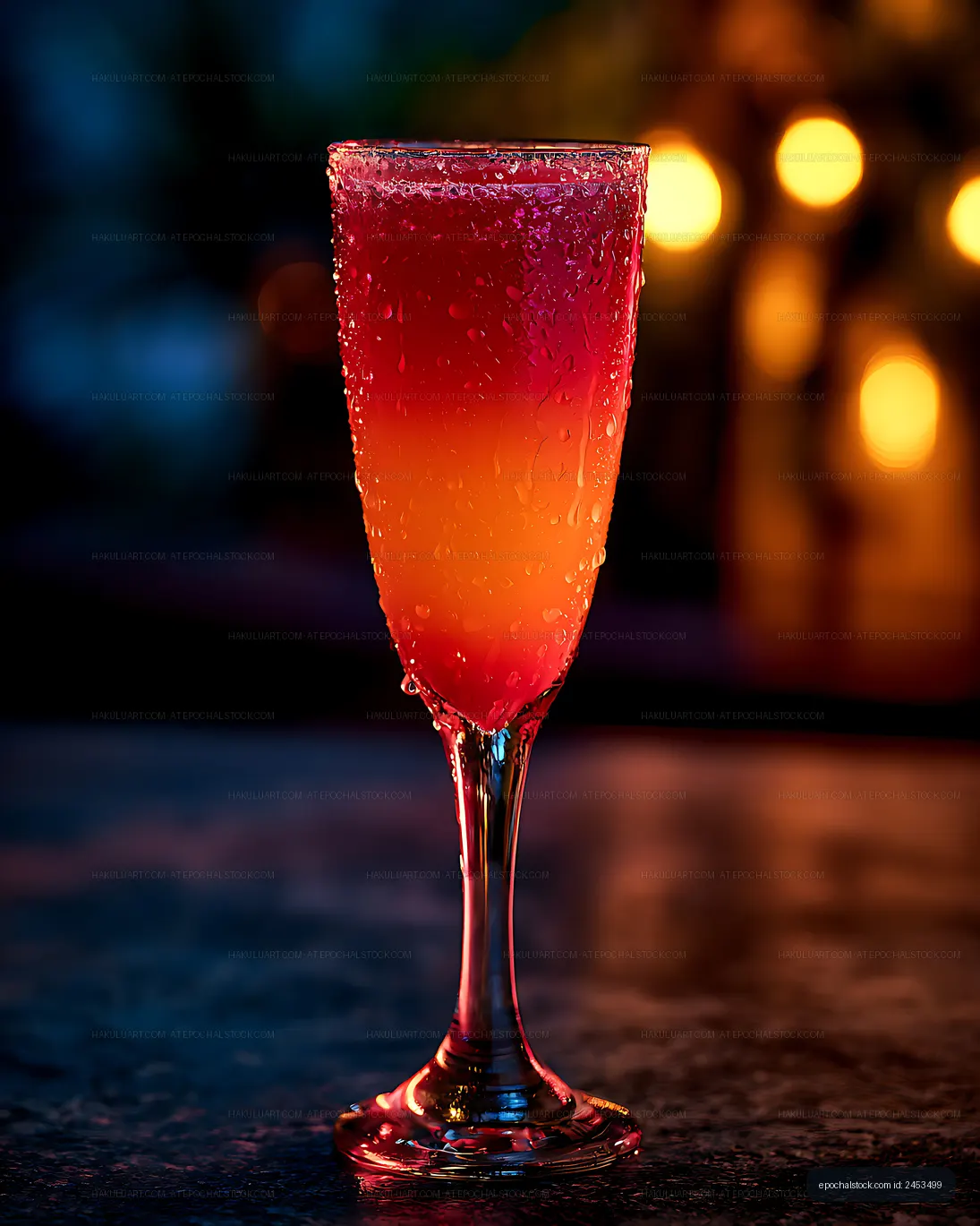 Dramatic chilled drink with condensation and glowing background lights