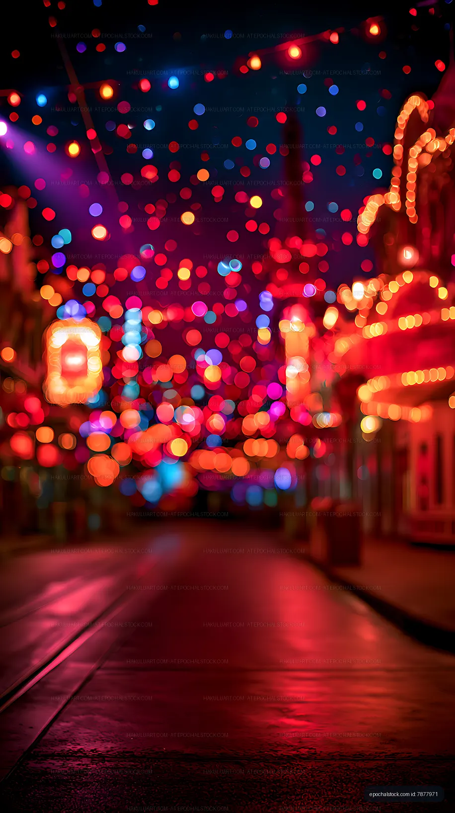 Dreamy blurred city lights and reflections on a nighttime street