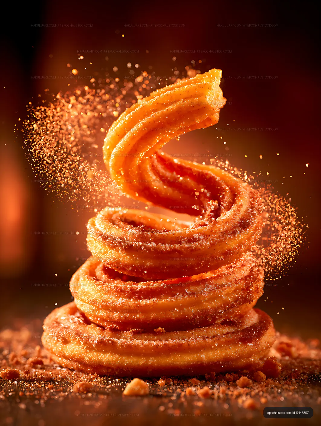 Sugar-dusted pastry stack with airborne crumbs