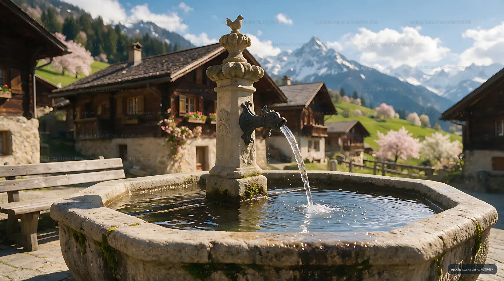 Stone Fountain in a Swiss Mountain Village