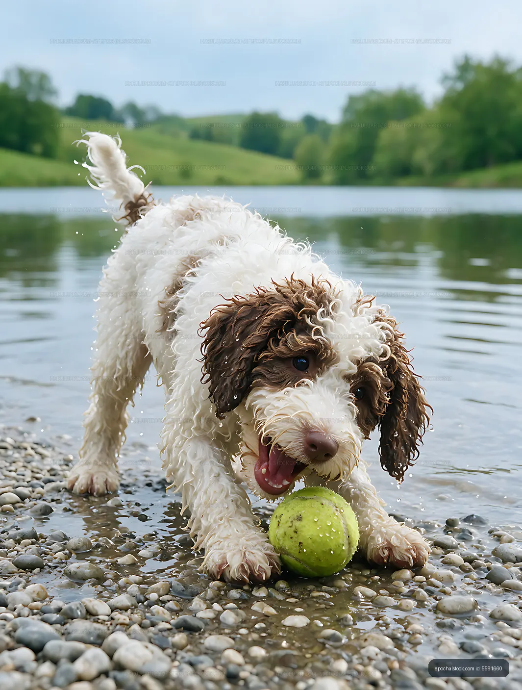 Puppy playing with a ball in shallow lake water