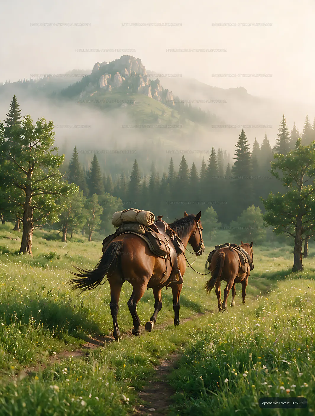 Two pack horses on a flower-filled mountain trail