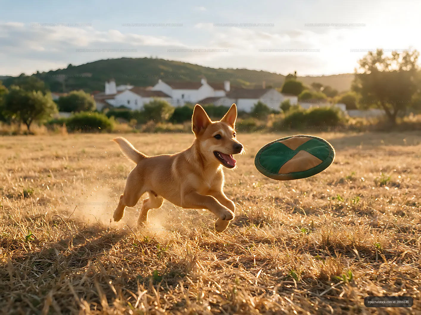 Puppy playing with toy in a golden field