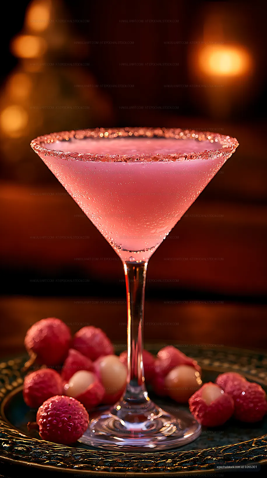 Elegant pink cocktail surrounded by lychees