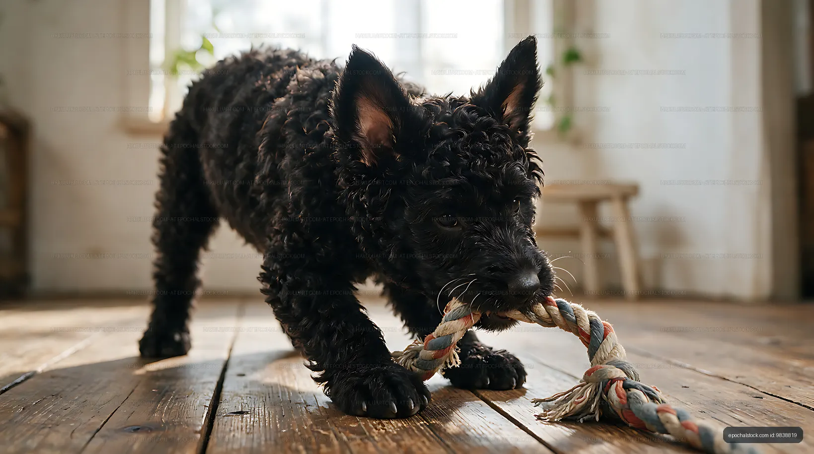 Black puppy playing with rope toy on wooden floor