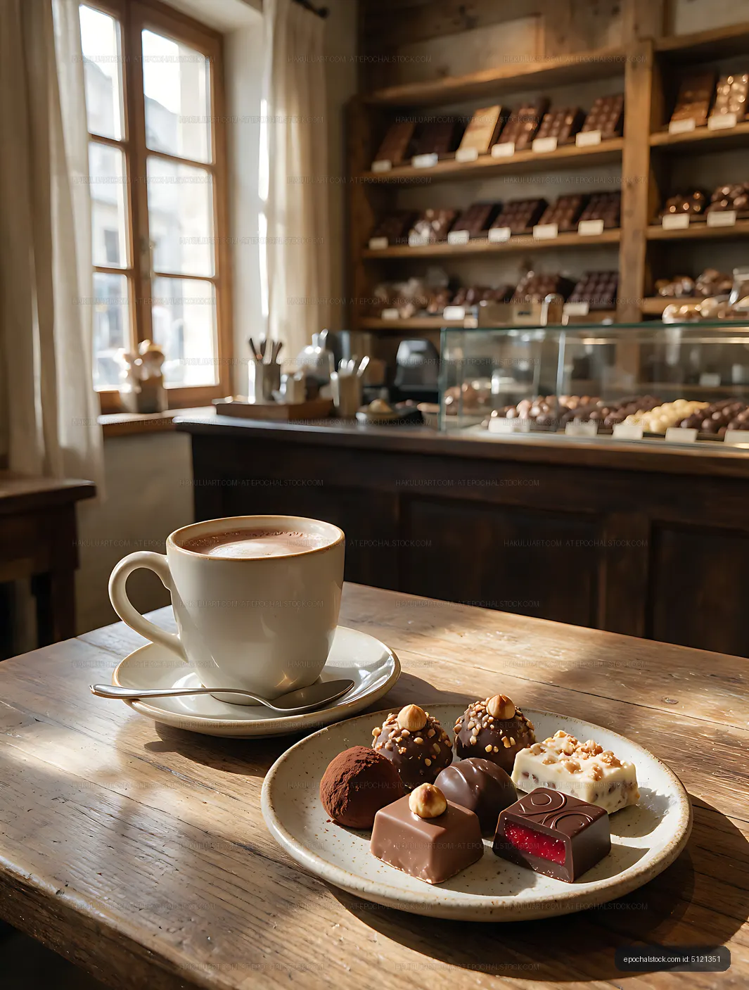 Sunlit Swiss Chocolate Shop Interior with Chocolate Truffles