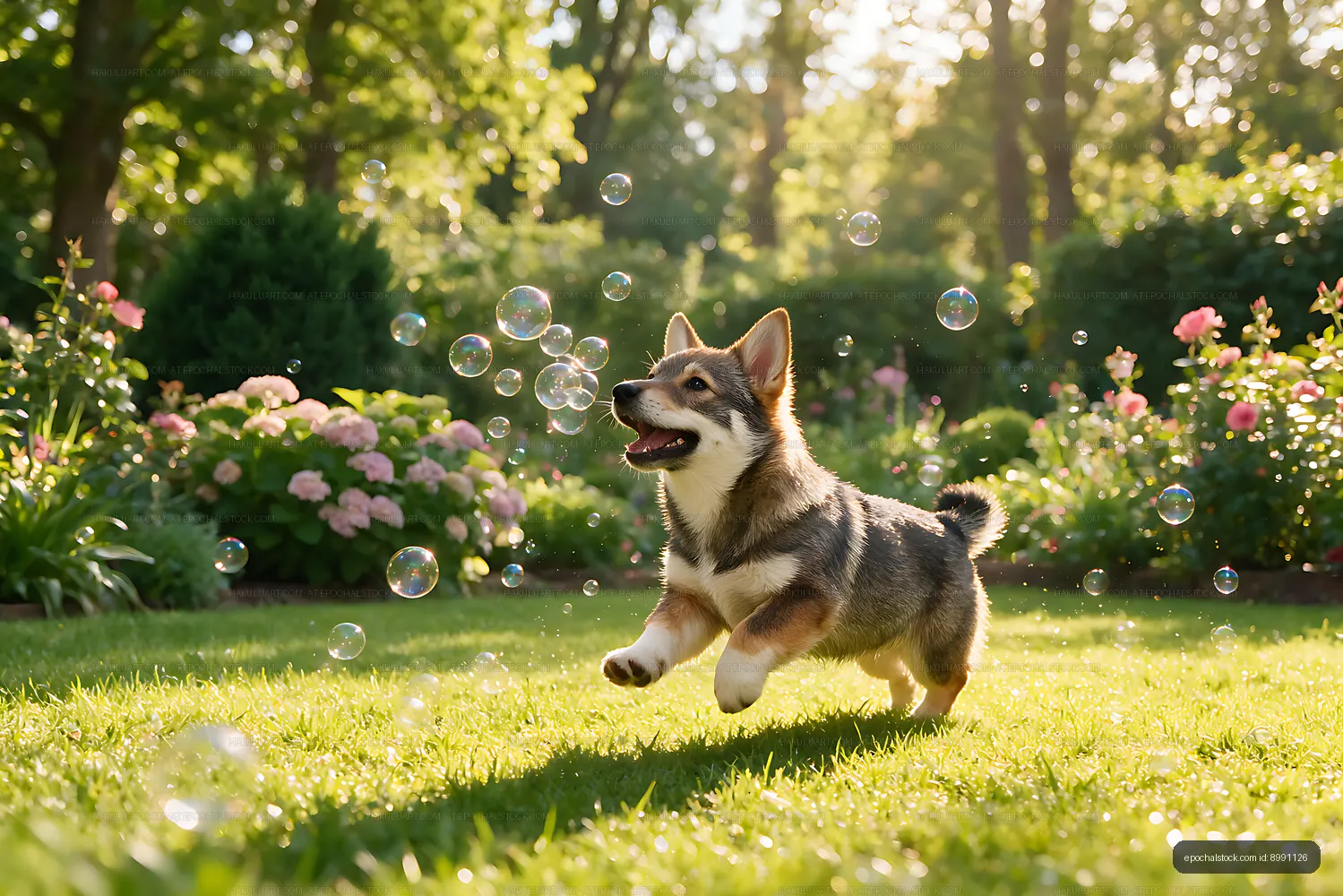 Rare Puppy Playing With Bubbles in a Flower Garden