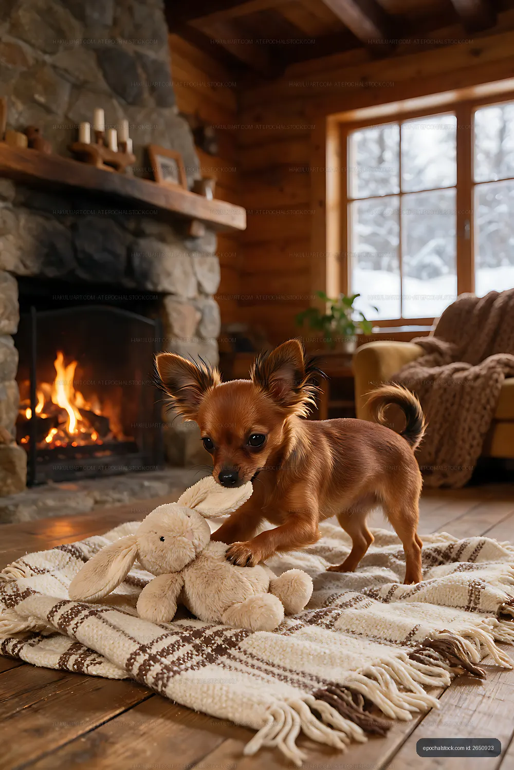 Playful puppy with plush toy in rustic cabin interior