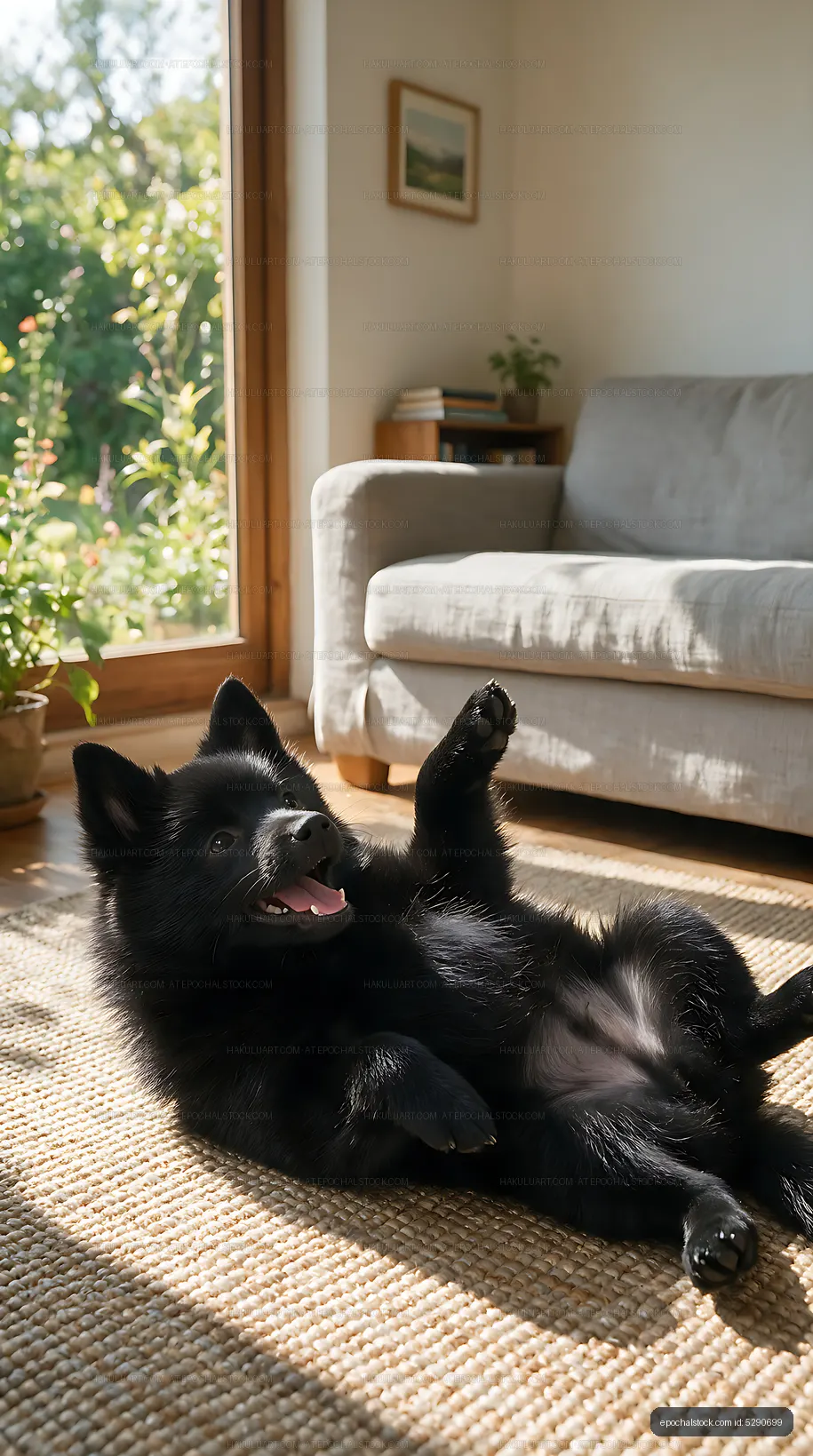 Black puppy playing in a bright living room