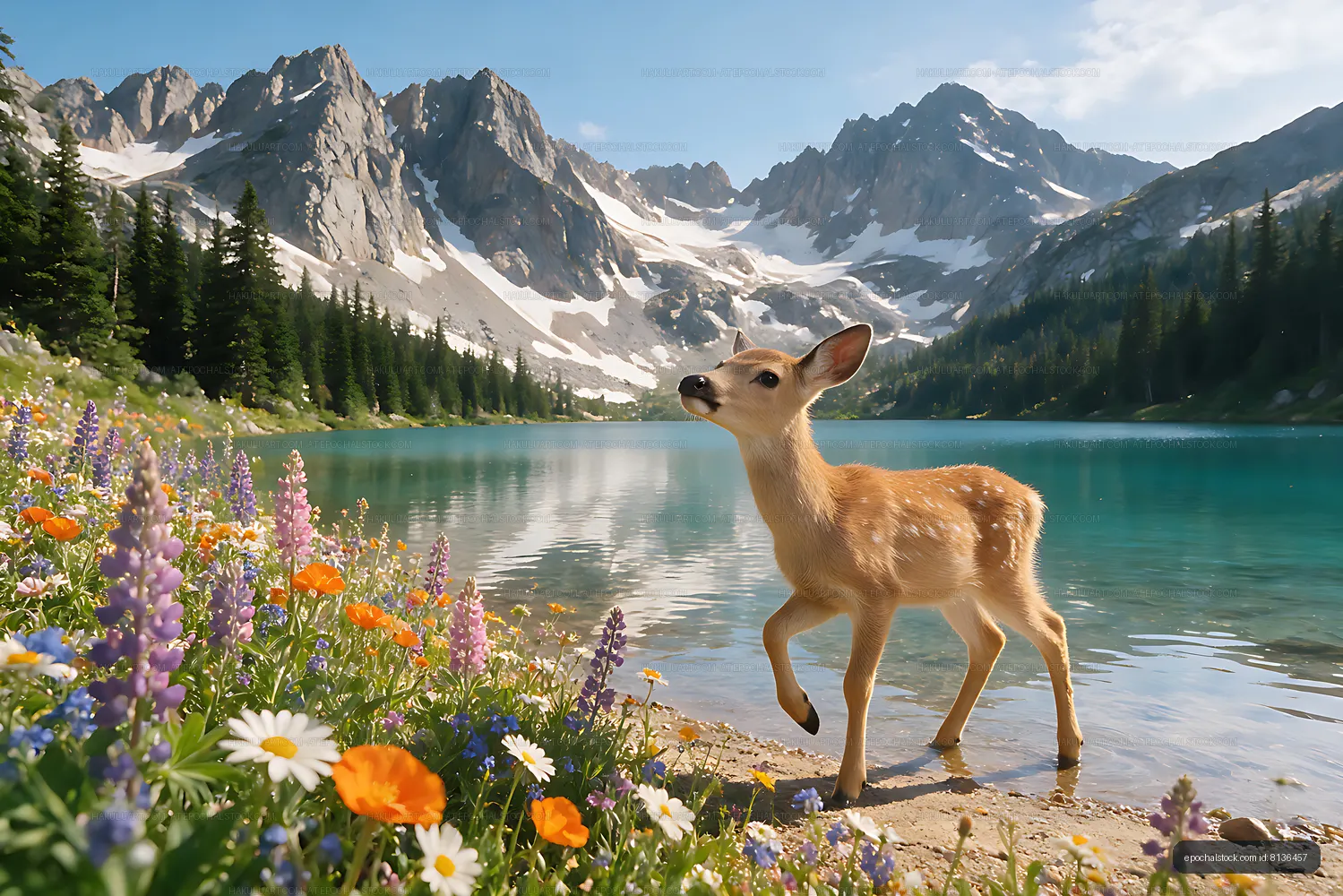Deer beside a flower-lined alpine lake and rugged mountains