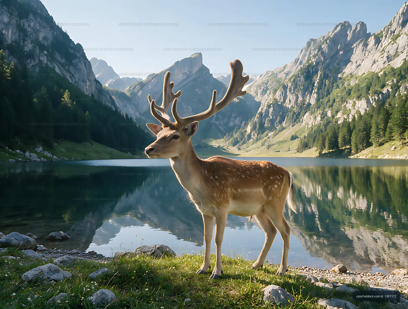 Deer standing beside a calm alpine lake