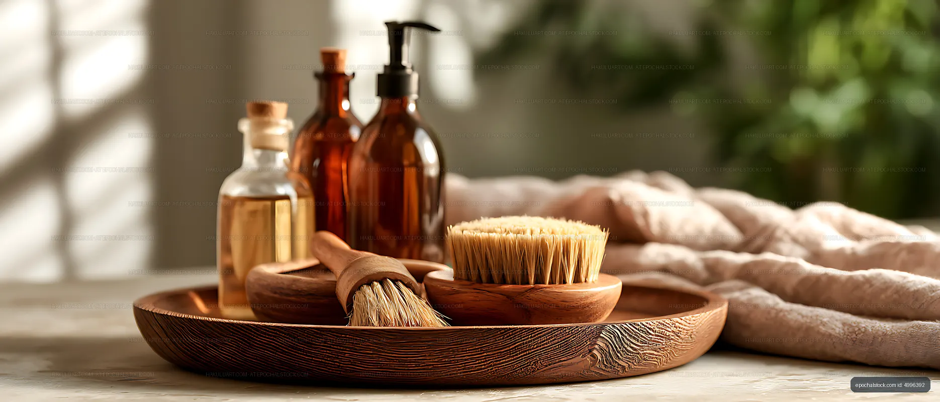 Wooden spa brushes and amber bottles in warm natural light