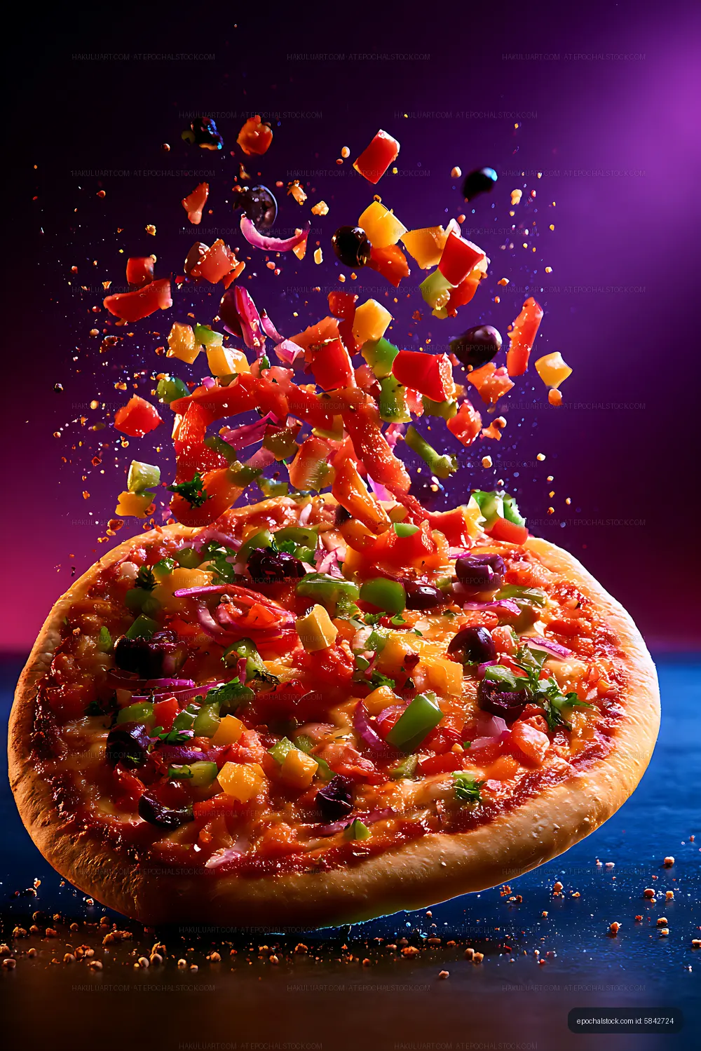 Vibrant vegetable pizza with ingredients in midair
