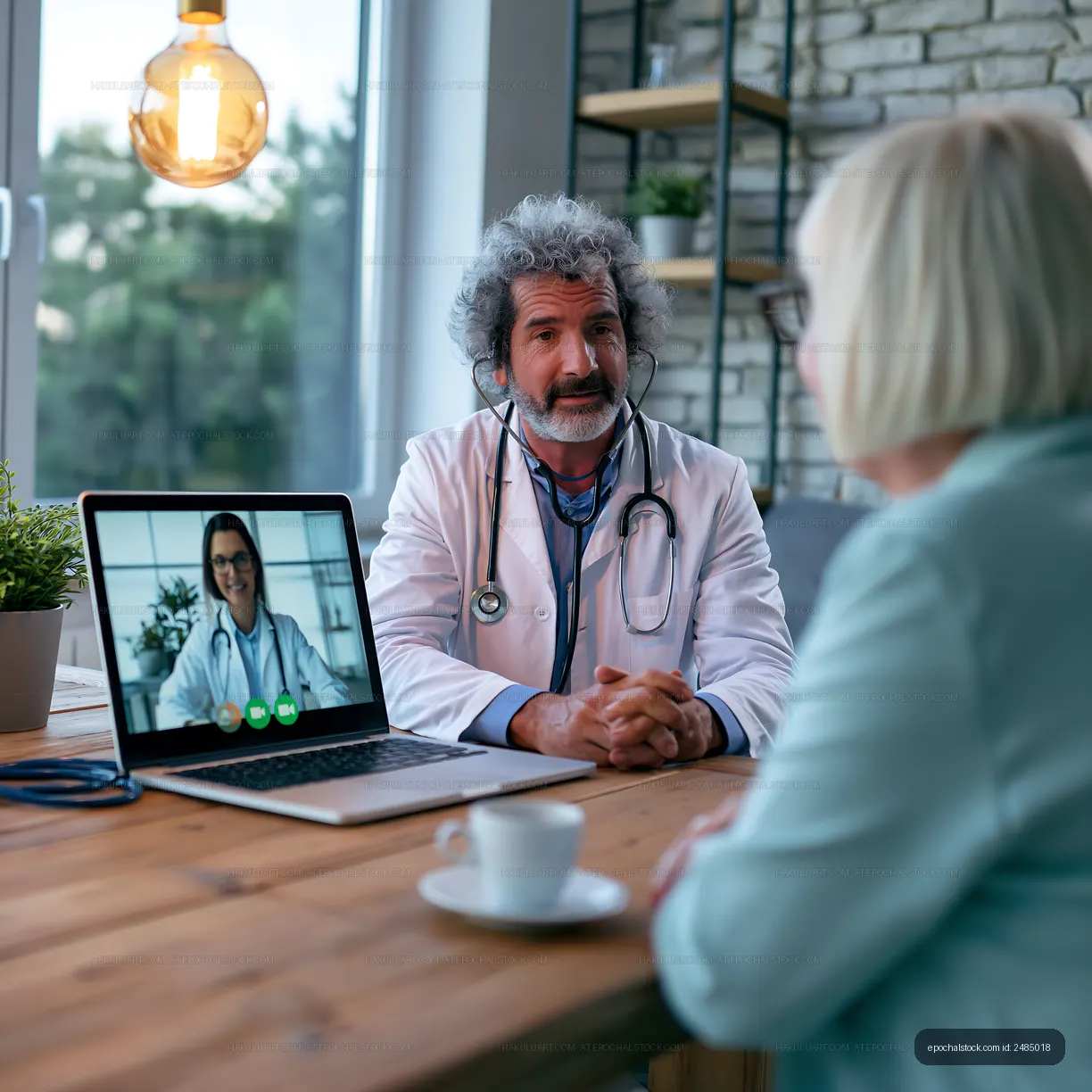 Doctor consulting with patient through video call in modern office
