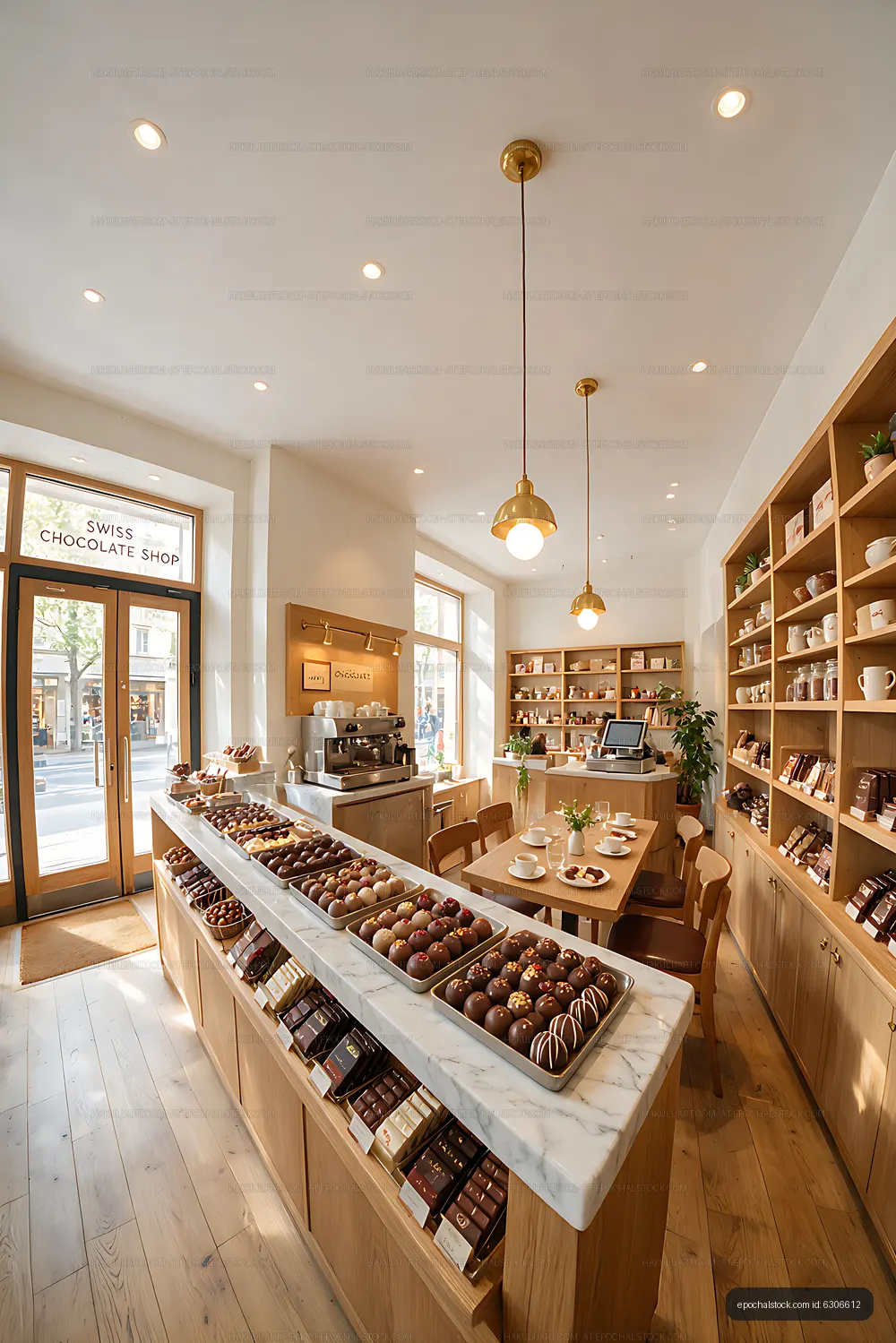 Warm Swiss Chocolate Shop Interior with Café Seating