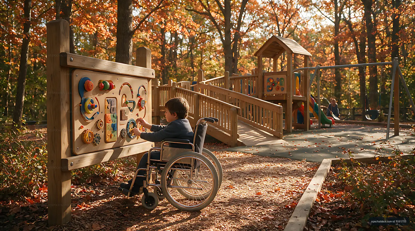 Child using wheelchair at an accessible autumn playground