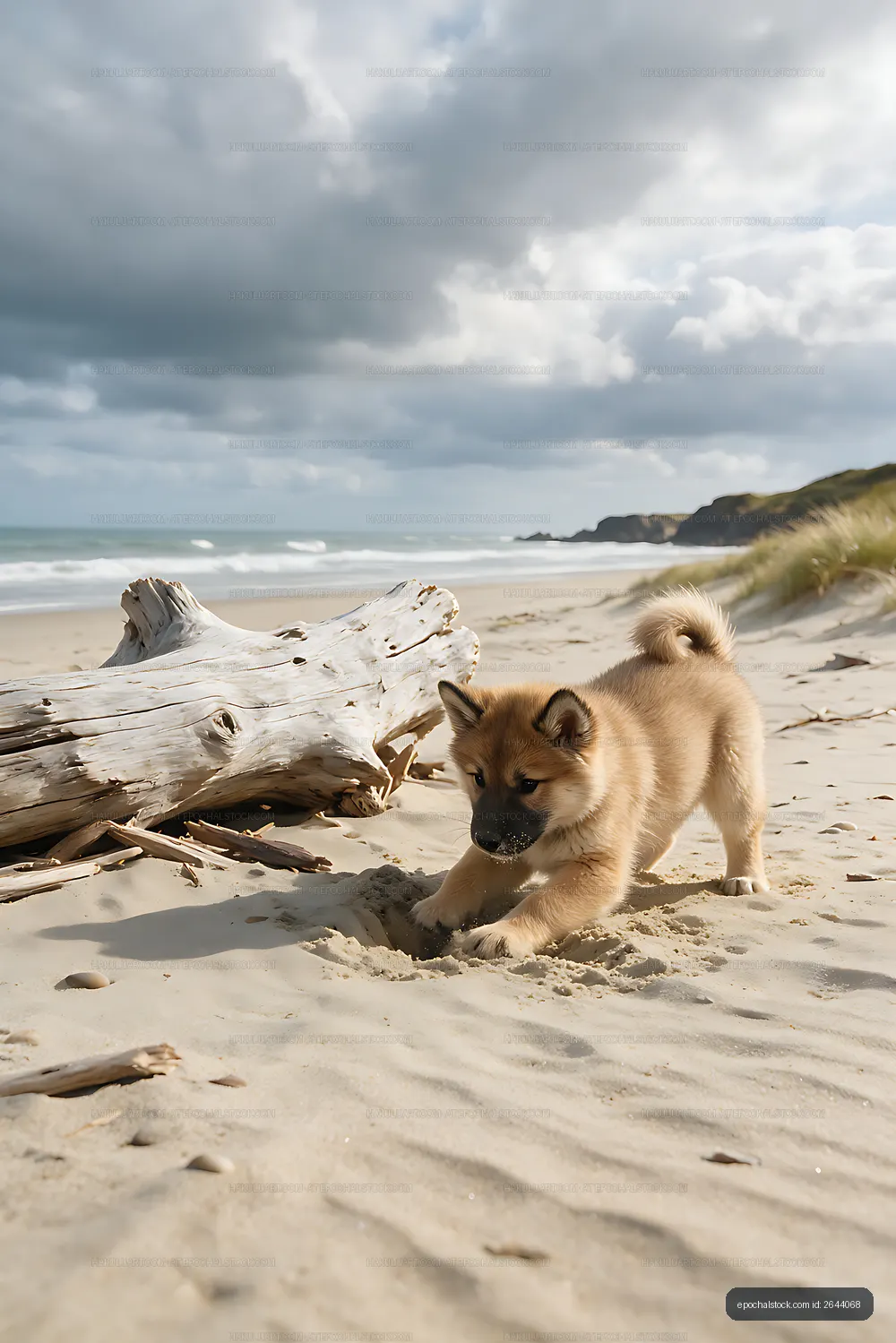 Puppy Exploring Sand Beside Driftwood on the Beach
