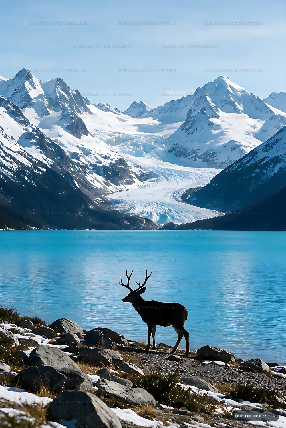 Wild deer at a turquoise alpine lake with glacier views