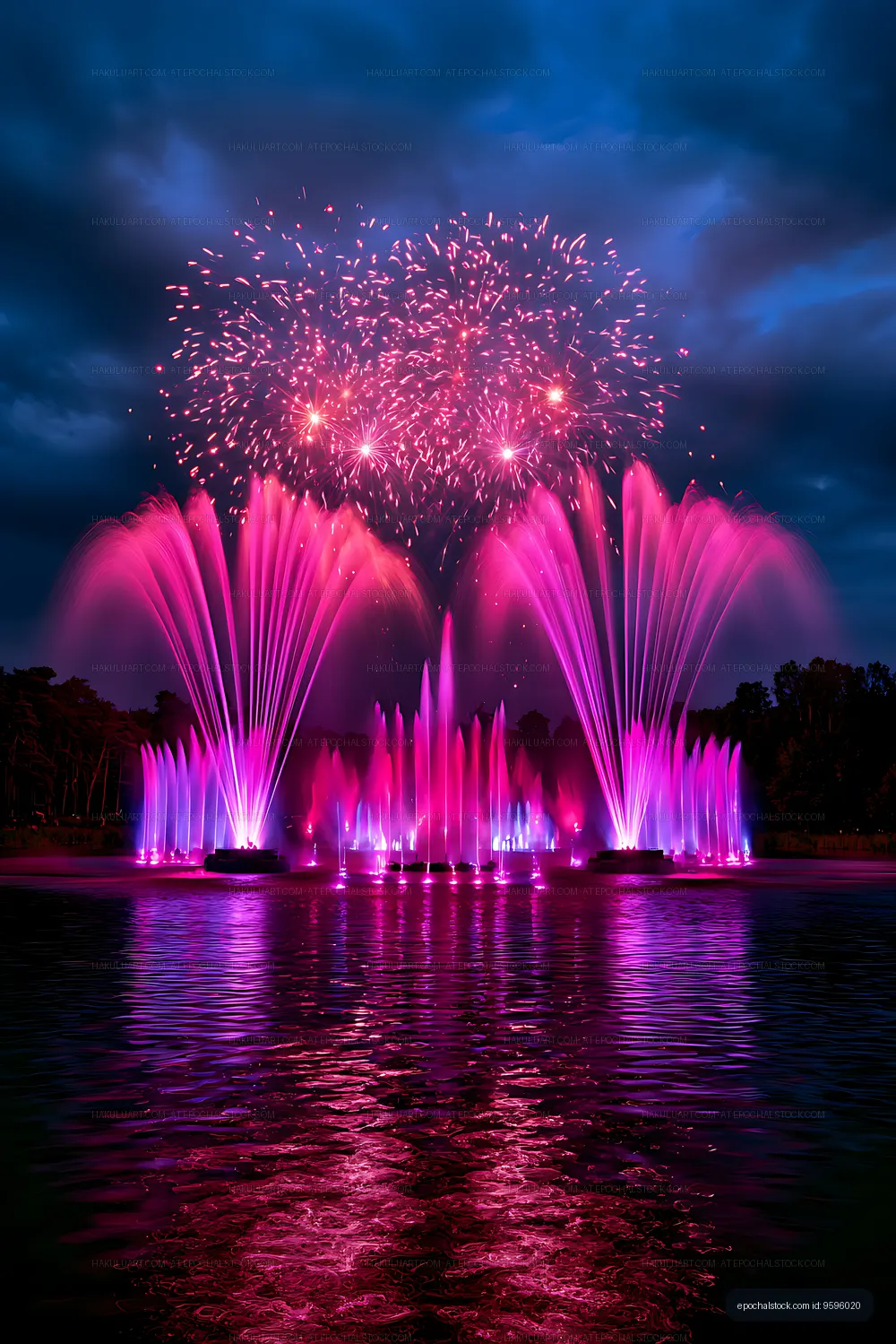 Vibrant nighttime fountain and fireworks reflected in water