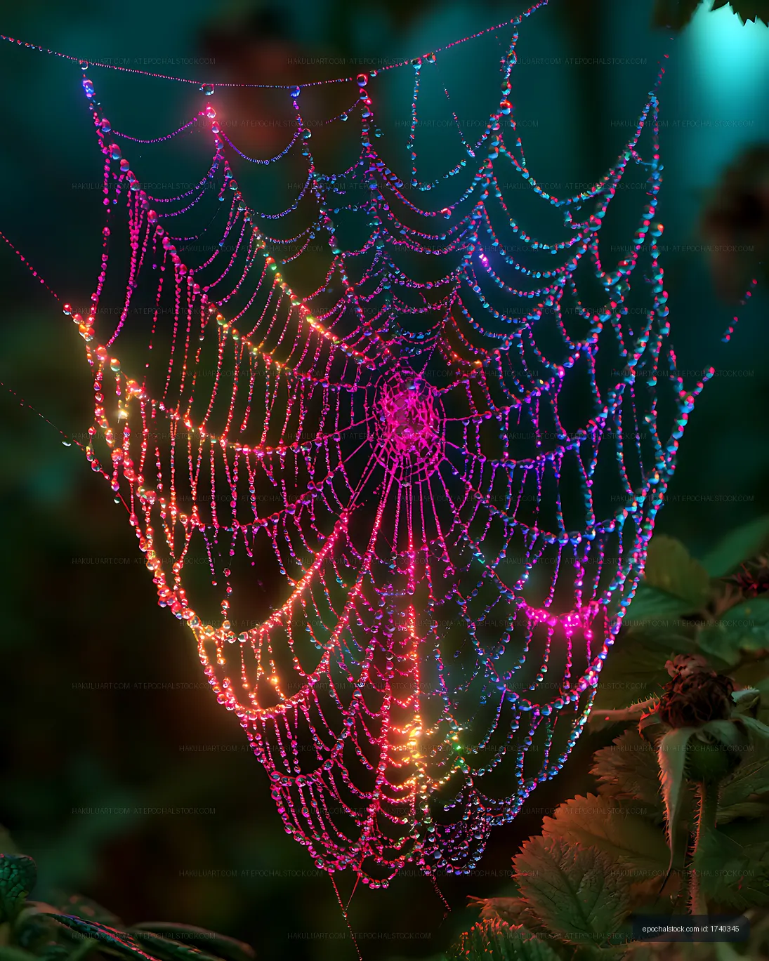 Vibrant dew-covered spider web in glowing garden light